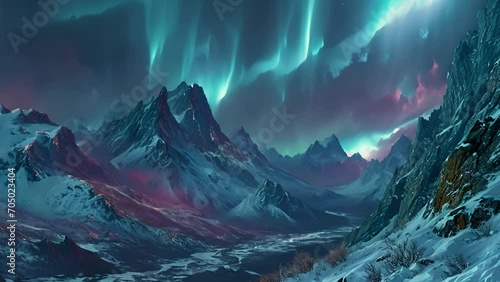 Northern lights beautiful Aurora sky in the mountains. Amazing view on the Norther light over high mountains covering with snow, forces of nature, Aurora moving Beauty photo