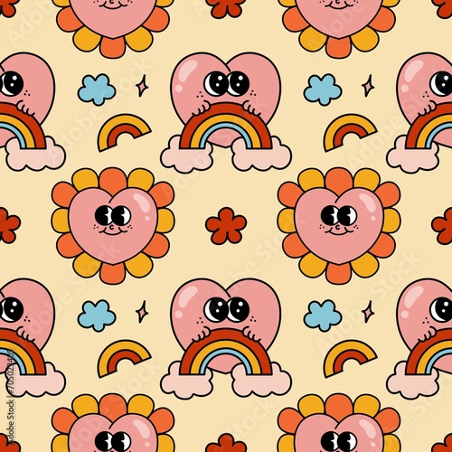 Pink heart rainbow and flower cartoon mascot groovy Seamless pattern y2k retro style 90s psychedelic minimal for valentine day background wallpaper book cover