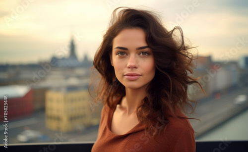portrait of a woman against the backdrop of the city