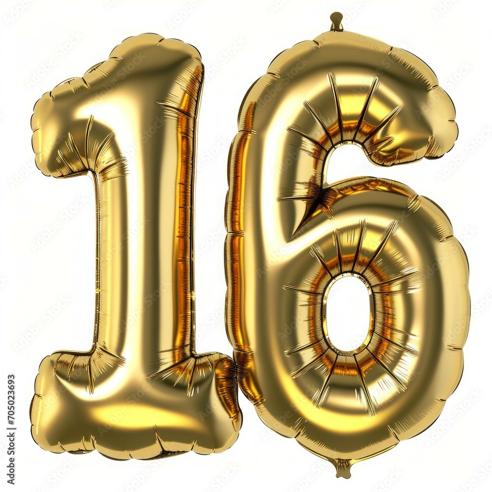 realistic isolated golden balloon number of 16 for invitation decoration on the transparent background.