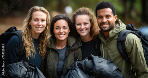 Young and diverse group of volunteers picking up trash and bottles for recycling in the forest, nature