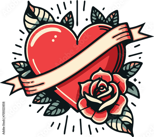 Traditional Tattoo Hearts and Scrolls Vector SVG collection with Roses .  Classic Mom tattoo art, this valentine beautifully rendered hearts and scrolls temporary tattoos transparent background