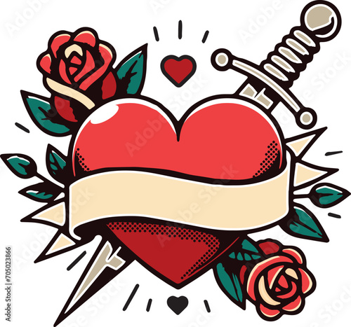 Traditional Tattoo Hearts and Scrolls Vector SVG collection with knife dagger .  Classic Mom tattoo art, this valentine beautifully rendered hearts and scrolls temporary tattoos transparent background