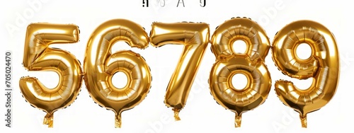 Set of golden balloon numbers set, isolated on white background.
 photo