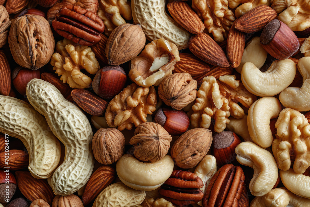 Mix of different kinds of natural nuts background, including of pecan, almond, cashew, and other