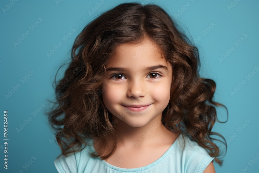 Portrait of a cute little girl with long curly hair on blue background Portrait of a cute little girl with long curly hair on blue background