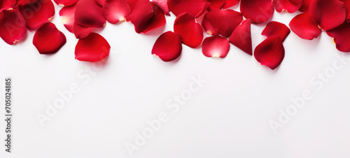 Romantic red rose petals on white background. Flat lay, top view, copy space