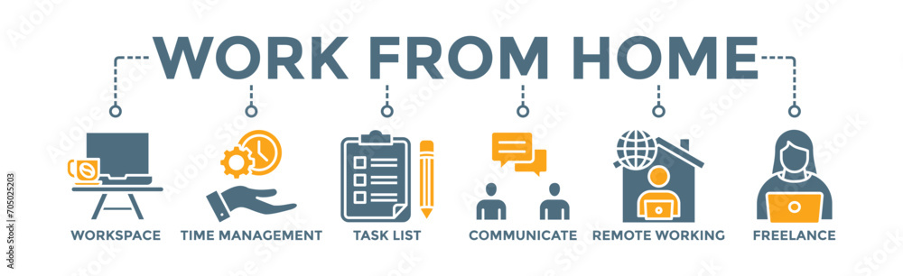Work from home banner web icon vector illustration concept of wfh with icon of workspace, time management, task list, communicate, remote working and freelance Work from home banner web icon vector illustration concept of wfh with icon of workspace, time management, task list, communicate, remote working and freelance