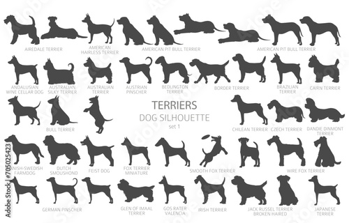 Dog breeds silhouettes, simple style clipart. Hunting dogs, Terrier collection