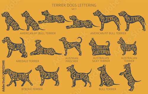 Dog breeds silhouettes with lettering, simple style clipart. Hunting dogs, Terrier dogs collection