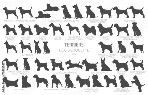 Dog breeds silhouettes, simple style clipart. Hunting dogs, Terrier collection photo