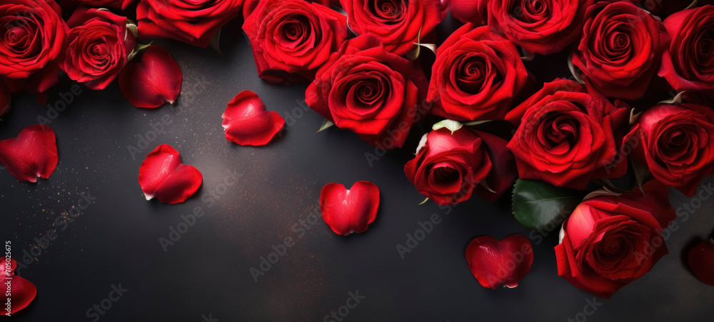 Roses, petals and hearts on a dark background with copy space Roses, petals and hearts on a dark background with copy space