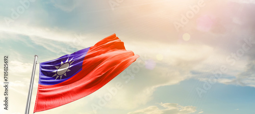Taiwan national flag cloth fabric waving on the sky - Image