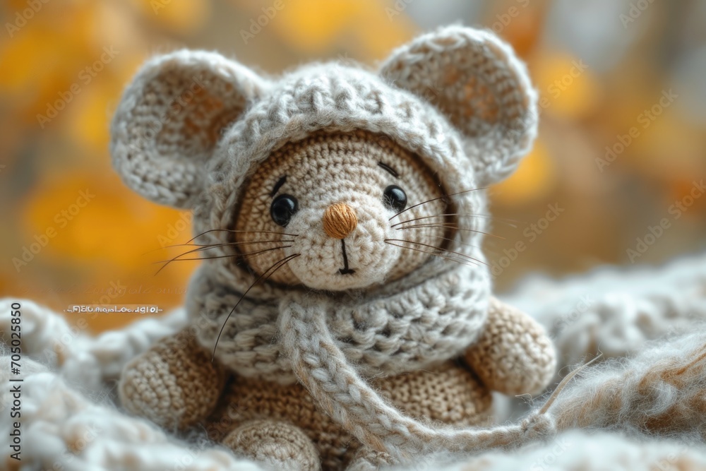 A crocheted mouse sits in a field of flowers. Handcrafted knitted miniature toy. A crocheted mouse sits in a field of flowers. Handcrafted knitted miniature toy.