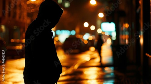Person Standing on Night Street, Urban Background, Night Life, Cityscape, Evening Stroll, Youthful Vigor
