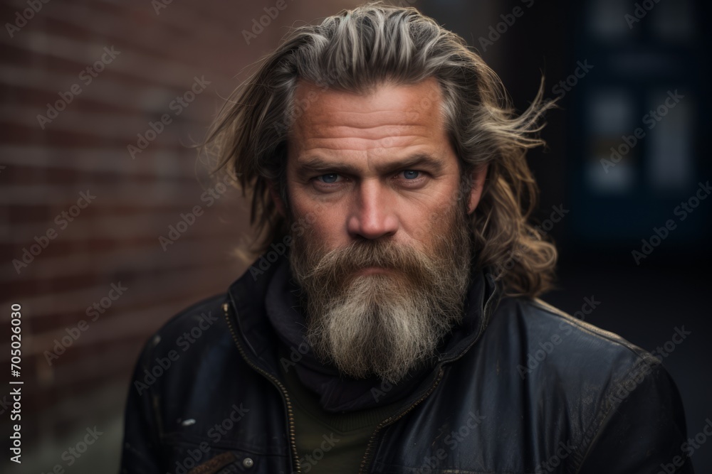 Portrait of a handsome man with long beard and mustache in leather jacket Portrait of a handsome man with long beard and mustache in leather jacket