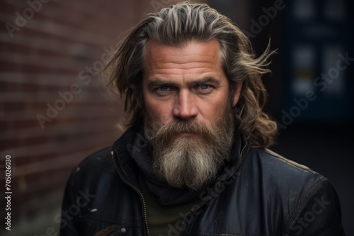 Portrait of a handsome man with long beard and mustache in leather jacket
