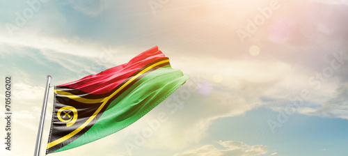 Vanuatu national flag cloth fabric waving on the sky - Image