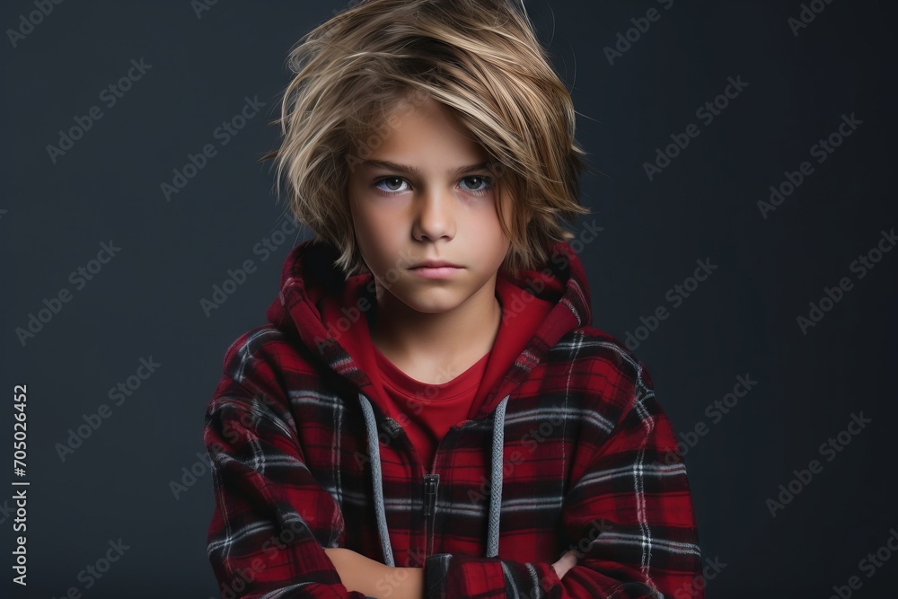 Little boy in a plaid shirt on a dark background. Close-up. Little boy in a plaid shirt on a dark background. Close-up.