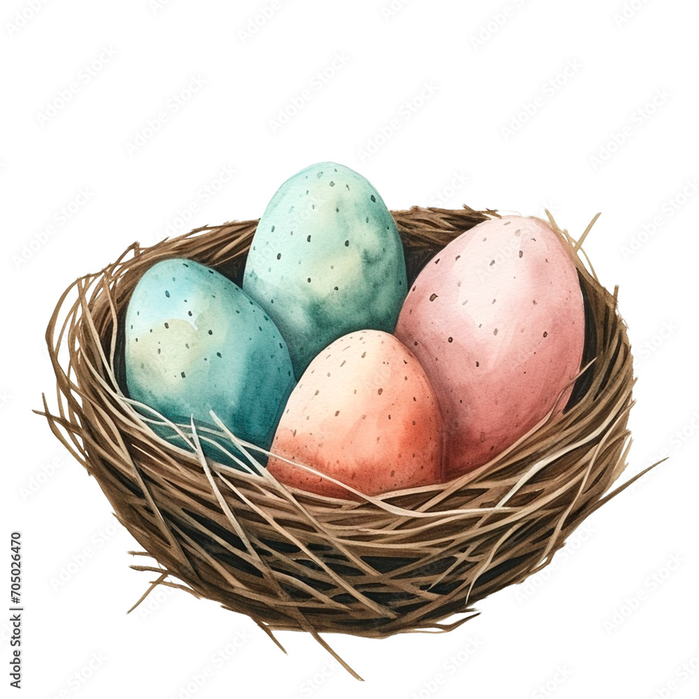 Spring bird nest watercolor clip art colorful isolated illustration. AI generative