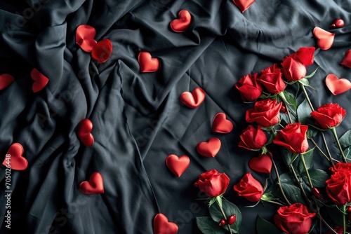 Love in Black  Immerse yourself in a romantic atmosphere with black sheets adorned with hearts and Cupid s arrows  setting the stage for a special Valentine s Day celebration  featuring ample copy spa
