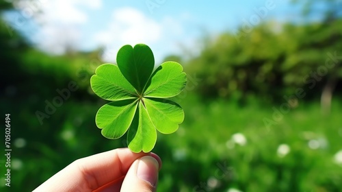 Hand holds a shamrock clover nature background, Happy Saint Patrick's Day background, AI generated