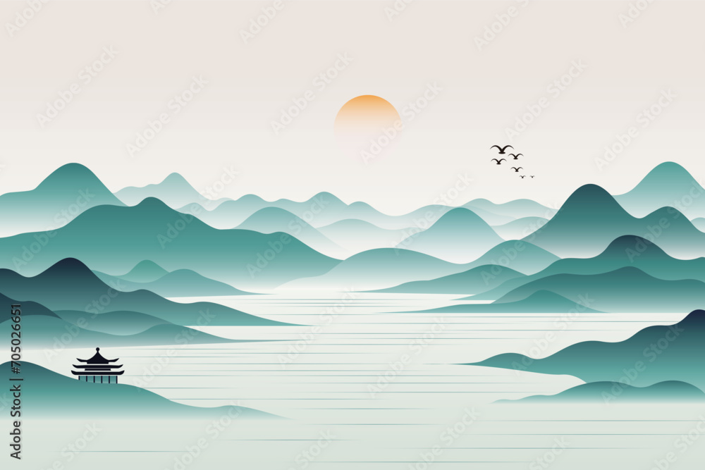 Minimalist lines new Chinese sunrise impression landscape vector illustration