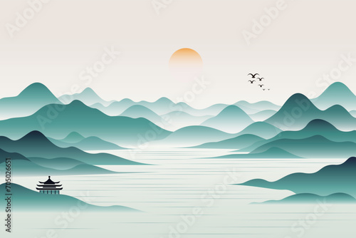 Minimalist lines new Chinese sunrise impression landscape vector illustration © Mulin