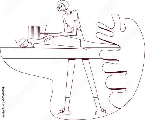 Needle Acupuncture Treatment with professional acupuncturist in spa. Chinese acupressure. Contour drawing. Isolated vector illustration.