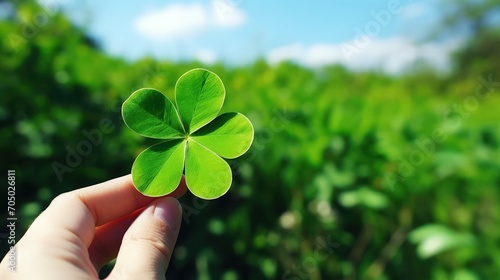 Hand holds a shamrock clover nature background, Happy Saint Patrick's Day background, AI generated © Leafart