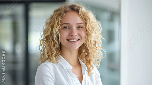Smiling Young Woman with Blond Curly Hair in White Blouse in Office Free Download Smiling Young Woman with Blond Curly Hair in White Blouse in Office - GFXLoad