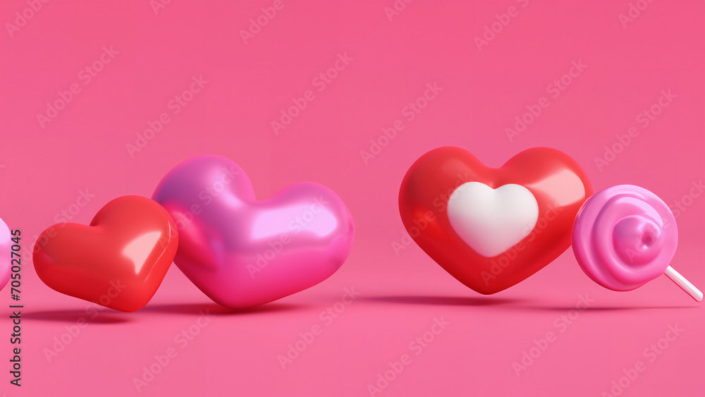 Horizontal romantic banner with pink 3d hearts on isolated light pink background. Copy space for text. For Valentine day, banner, design, print, card, poster, flyer, advertising, wallpaper, interior