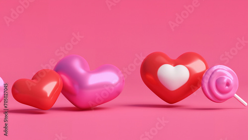 Horizontal romantic banner with pink 3d hearts on isolated light pink background. Copy space for text. For Valentine day, banner, design, print, card, poster, flyer, advertising, wallpaper, interior photo