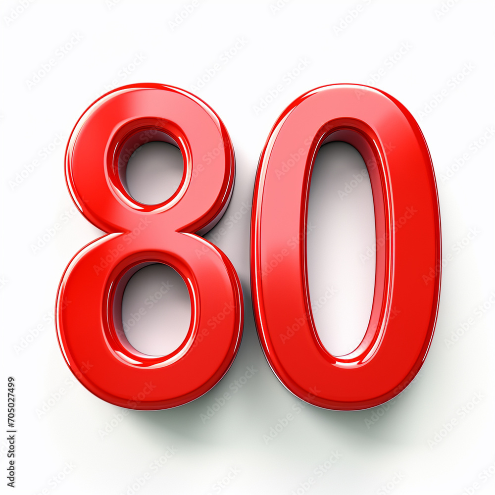 3D red 80 number on white background, ai technology