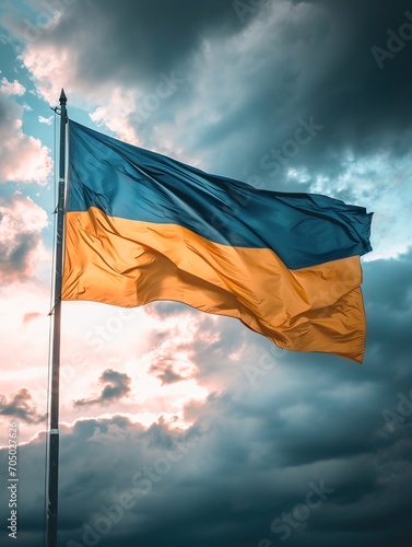 Flag of Ukraine against the background of the sky with clouds. The flag consists of two horizontal stripes: the top stripe is blue and the bottom stripe is yellow.  © Iuliia