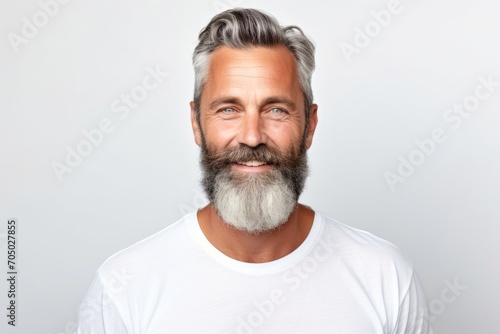 Portrait of handsome mature man with long grey beard and mustache.