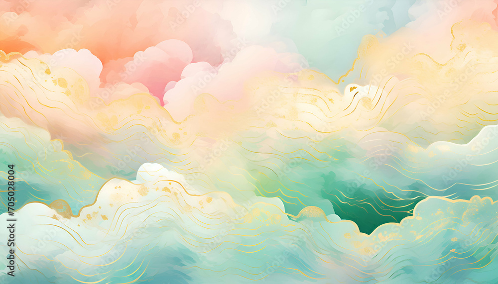 Watercolor of pastel green and pink clouds background. 