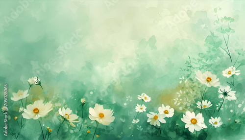Abstract watercolor green background with plants and flowers. Pastel green wallpaper. #705028065