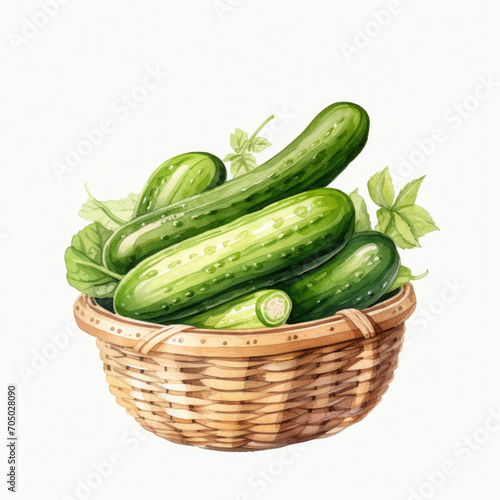 Watercolor cucumber in a basket on white background