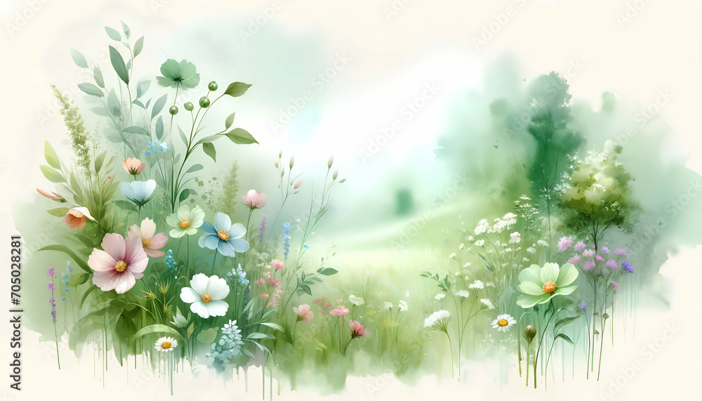 Abstract watercolor green background with flowers. Pastel green wallpaper.