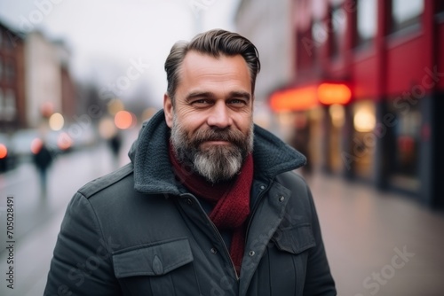 Portrait of a bearded middle-aged man in a city street. © Iigo