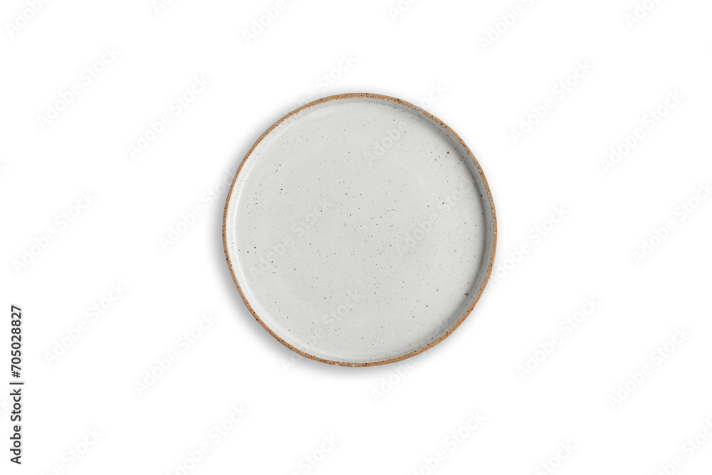 Handmade empty ceramic plate top view with copy space isolated on white background. Minimalism. Eco friendly ceramics handcraft tableware. Handmade empty ceramic plate top view with copy space isolated on white background. Minimalism. Eco friendly ceramics handcraft tableware.