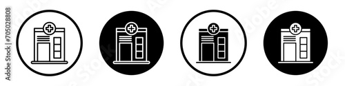 Medical center icon set. Hospital and clinic facility emergency room vector symbol in a black filled and outlined style. Hospital building sign.
