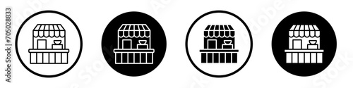 Stall icon set. Small food shop vector symbol in a black filled and outlined style. Exhibition small food cart sign.