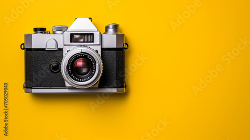 Retro Camera Close-Up on Yellow Background