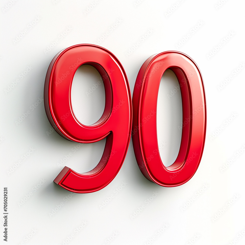 3D red 90 number on white background, ai technology