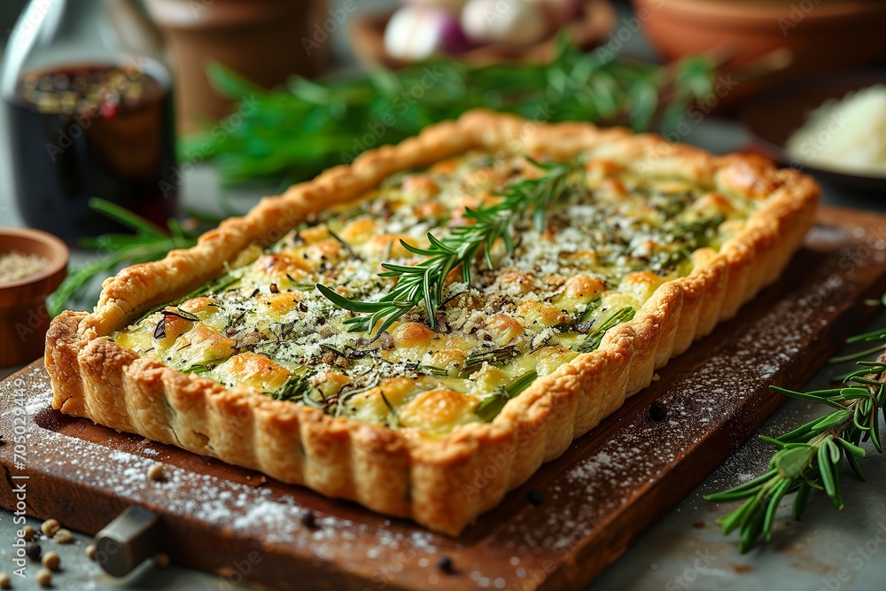 A savory tart with a buttery crust, filled with a mixture of asparagus, Parmesan cheese, and fresh herbs - ai generated 