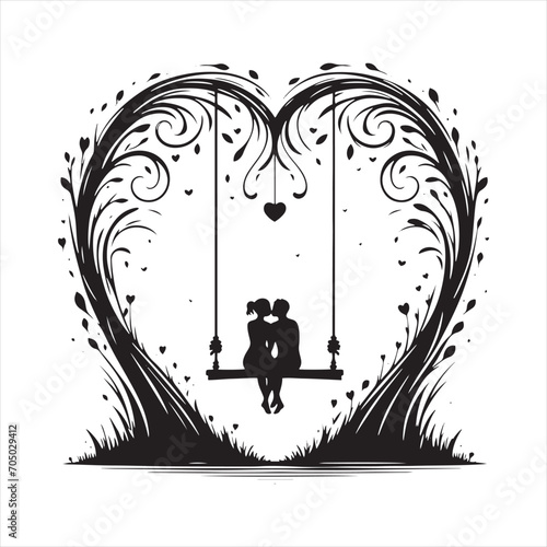 Radiant Love Swing: A Valentine Day Silhouette Illuminating Romantic Harmony - Valentine Day Black Vector Stock
