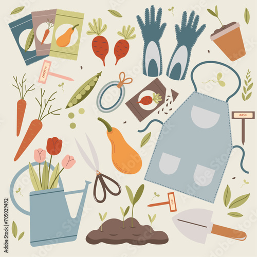 Gardening tools and plants. Vector illustration in flat style.