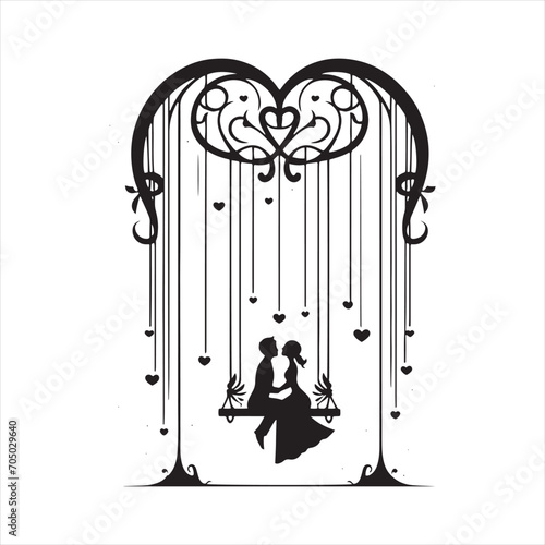 Whispers of Romance: Valentine Day Love in a Beautiful Swing Silhouette - Valentine Day Black Vector Stock
